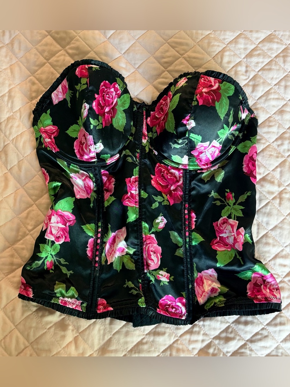 smart & sexy Black Bustier Top with Pink and Green Floral Accents